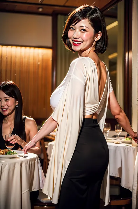 best qualtiy、masterpiece、fidelity:1.3、超A high resolution、(Photorealsitic:1.4)、1 Most Beautiful Mature Woman in Japan(Obscene big breasts:1.4、Bob Hair)、Mature obscene body、Obscene mom、The ultra -The high-definition、Bursting smile、Perfect Style、Eating at a ...