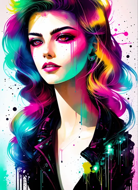 swpunk style synthwavea woman by agnes cecile, luminous design, neon colours, ink drips, cyberpunk city lights