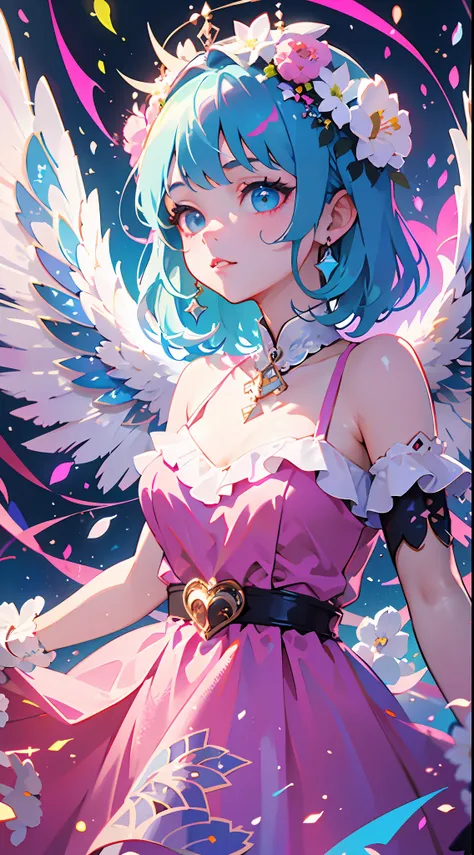 masterpiece, {beauty},solo,1 girl, pink dress, fantastic hair, neon background white wings, cloud background, lake blue hair