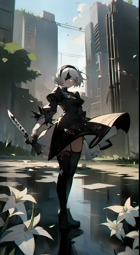 masterpiece, best quality, detailed face, extremely detailed, yorha no. 2 type b, 1girl, solo, absurdres, 8k, white hair, silver...