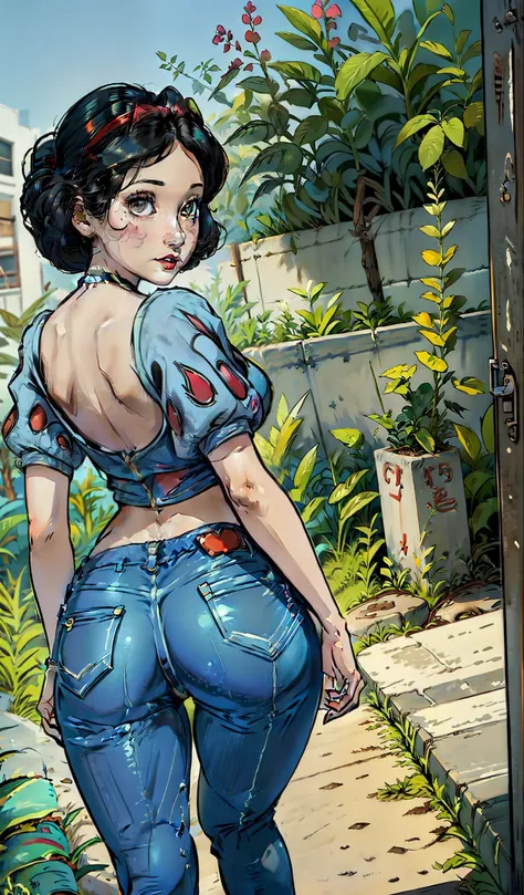 Branca de Neve, muito sensual, com roupas de funkeira, brasileira, na cidade do rio de janeiro, Brasil, dancing funk, rebolando, bunda grande, pernas grossas, usando um short jeans extremamente curto, showing a piece of ass, Micro Short Curto,  usando uma ...