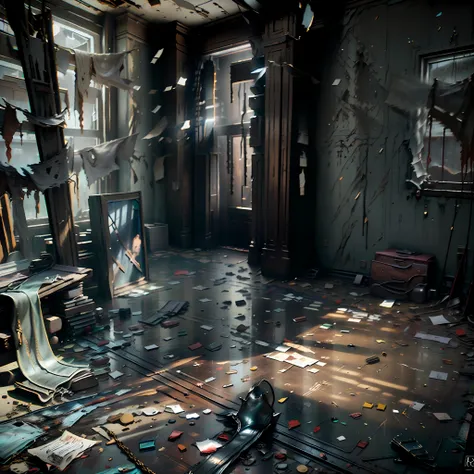 Computer-generated image, Clarity, detailing the interior of an old rich house, image: 7K, A detailed image of the interior of an old manor house, wooden floors, Furniture, Tapestry, Everything is ruined, in Krinate BoyDetailed description of the old house...