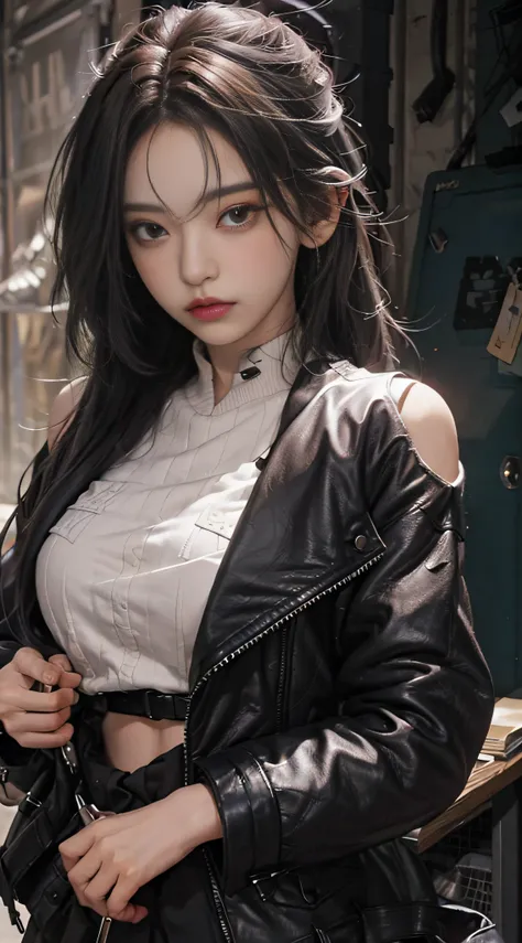 Lambskin,Gray sweater,Extra-long hair,cropped shoulders,, Burgundy,CE leather jacket,