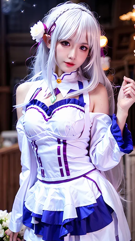 realistic, 1girl, white hair, purple eyes, glowing eyes, crop top, skirt, parted lips, blush, night, flowers, sun, sunlight, masterpiece, top quality, high resolution, 1girl, best quality, highres, ultra-detailed, Emilia from Re:Zero, looking at viewers, 8...