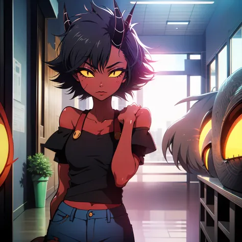 red skin, yellow sclera, black short hair, horns, black croptop, tail, elf ears, 1girl, millie, demon girl, black ripped jeans