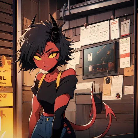 red skin, yellow sclera, black short hair, horns, black croptop, tail, elf ears, 1girl, millie, demon girl, black ripped jeans