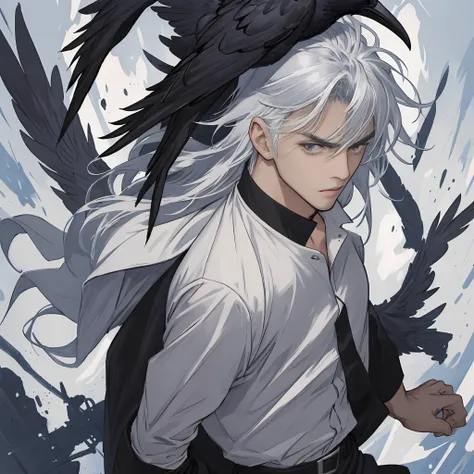 anime male，silver hair flowing，handsome，powerful，black crow