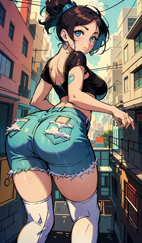 The Powerpuff Girls, muito sensual, com roupas de funkeira, brasileira, na cidade do rio de janeiro, Brasil, dancing funk, rebolando, bunda grande, pernas grossas, usando um short jeans extremamente curto, showing a piece of ass, Micro Short Curto,  usando...