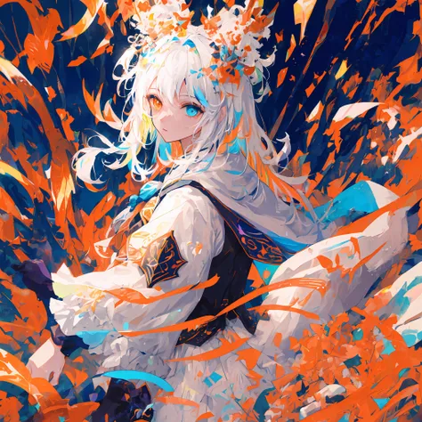 {A girl in white armor fights in a white cape}},{{Masterpiece}},best qualtiy,Extremely detailed Cg Unity 8K wallpaper,电影灯光,lens flare glow,beatiful detailed eyes,full bodyesbian,black in color,multicolour hair,Colored light particles, Heterochromia, (Color...