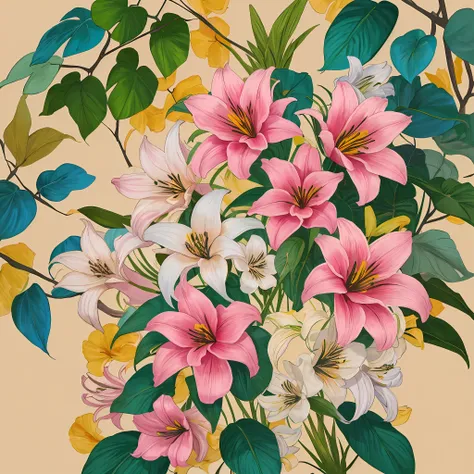 the lilies，printing，soft beige，pastel pink，tropical plants,flatillustration，maximalism，bright color scheme