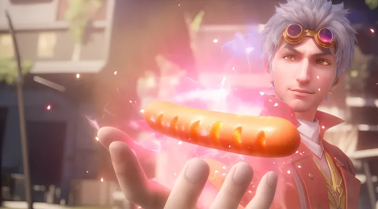 There was a man with a hot dog in his hand, realistic lance, holding a magical staff, with index finger, anime cgi, CG art, Kingdom Hearts 3 screenshot, Game CG, anime cgi style, hot dog, Sausage hair, cgi cutscene, Pepperoni, key art, unreal engine render...