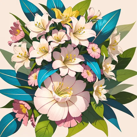 the lilies，printing，soft beige，pastel pink，tropical plants,flatillustration，maximalism，bright color scheme