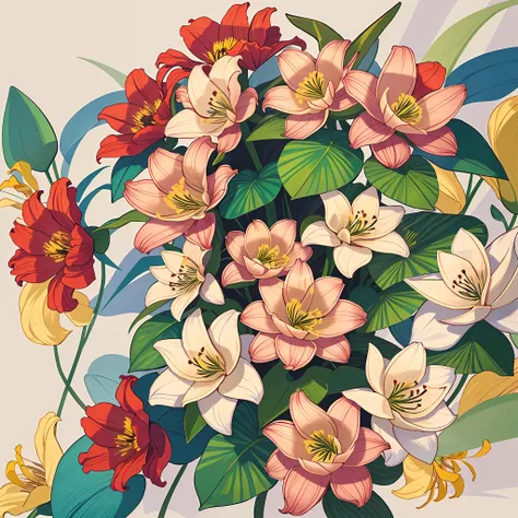 the lilies，printing，soft beige，pastel pink，tropical plants,flatillustration，maximalism，bright color scheme