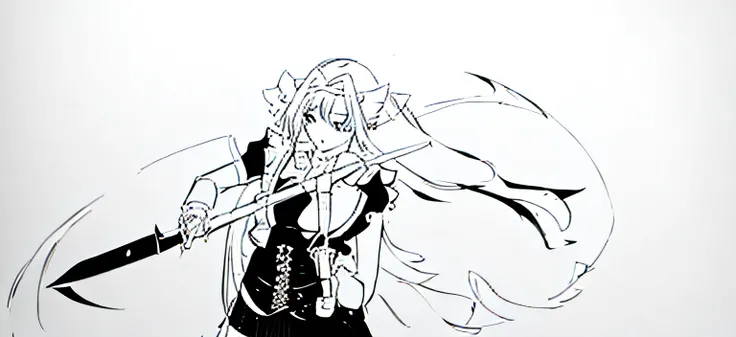 a drawing of a woman with a sword and a dress, clean anime outlines, perfect lineart, linear art, Line art!!, clean lineart, Line sketch!!, thick lineart, Simple lines of art, thick black lineart, intense line art, bold lineart, art style of rune factory 5...