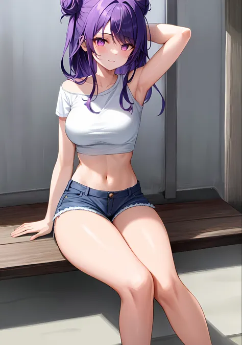 (masterpiece, best quality, ultra-detailed), keqing \(genshin impact\), (purple hair), cone hair bun, twin tails, long hair, swe...