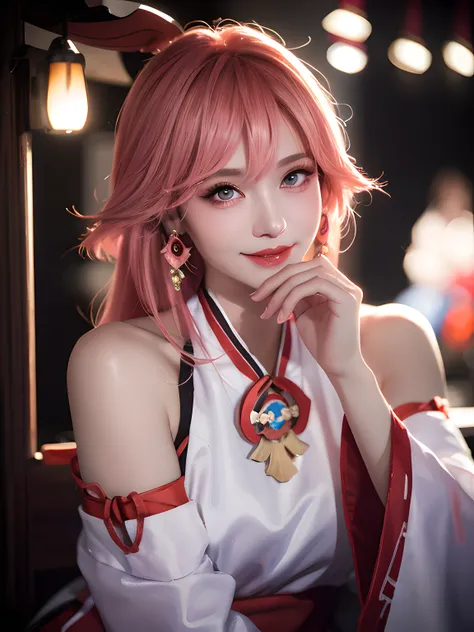 kpop idol, yae miko, detached sleeves, bare shoulders, pink hair, long hair, japanese clothes, best quality, (painting:1.5), (ha...