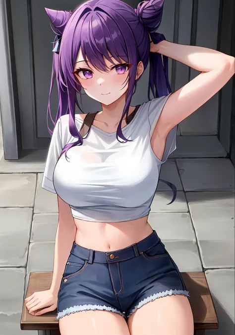 (masterpiece, best quality, ultra-detailed), keqing (genshin impact), (purple hair), cone hair bun, twin tails, long hair, swept bangs, braid, braided bangs, purple eyes, pink eyes,
(wearing a t-shirt:1.2), sitting on a chair outside of caf, embracing the ...