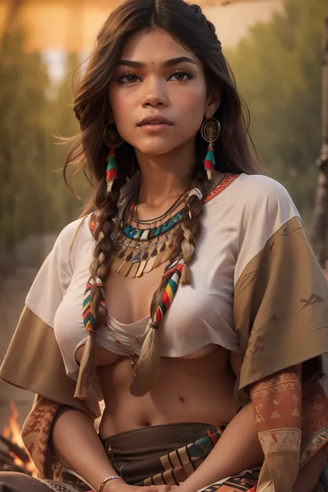 ((zendaya is a native american woman)), ((who wears the typical clothes of a squaw)), (sitting on a campfire), (tipi in the back...