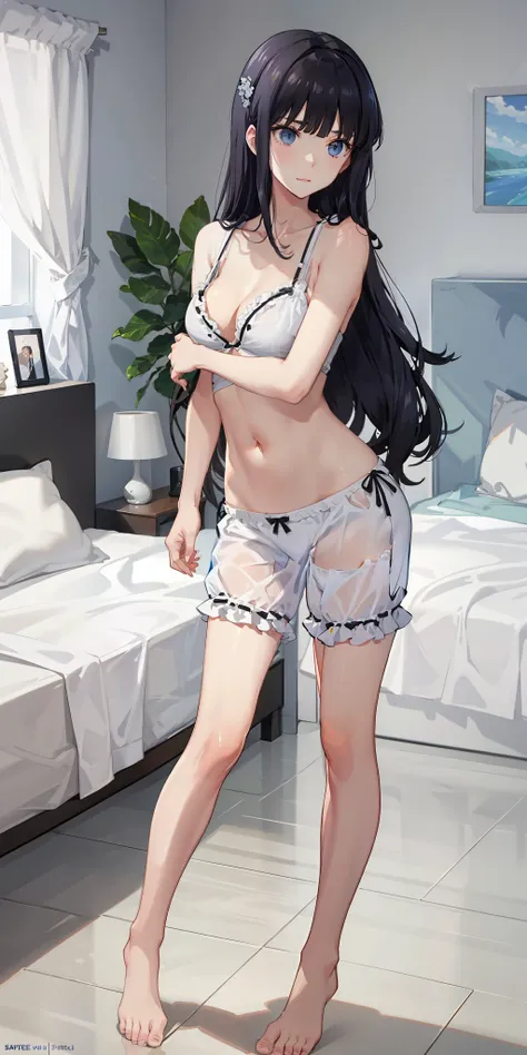 long hair, black hair, medium breast, slim legs, navel, nervous, pajamas, cleavage, bedroom
