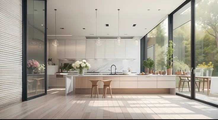 minimalist kitchen，few flowers and plants（1:0.05），sun's rays，an award winning masterpiece，incredible details large windows，highl...