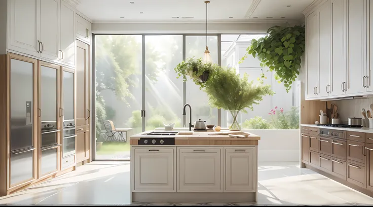 minimalist kitchen，few flowers and plants（1:0.02），sun's rays，an award winning masterpiece，incredible details large windows，highl...