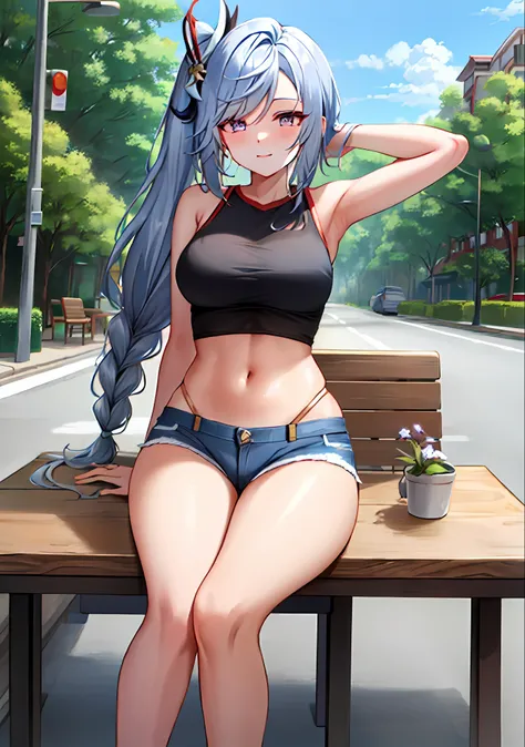 (masterpiece, best quality, ultra-detailed), keqing \(genshin impact\), (silver hair), cone hair bun, twin tails, long hair, swe...