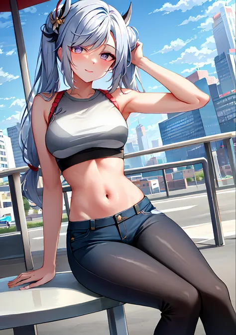 (masterpiece, best quality, ultra-detailed), keqing \(genshin impact\), (silver hair), cone hair bun, twin tails, long hair, swe...