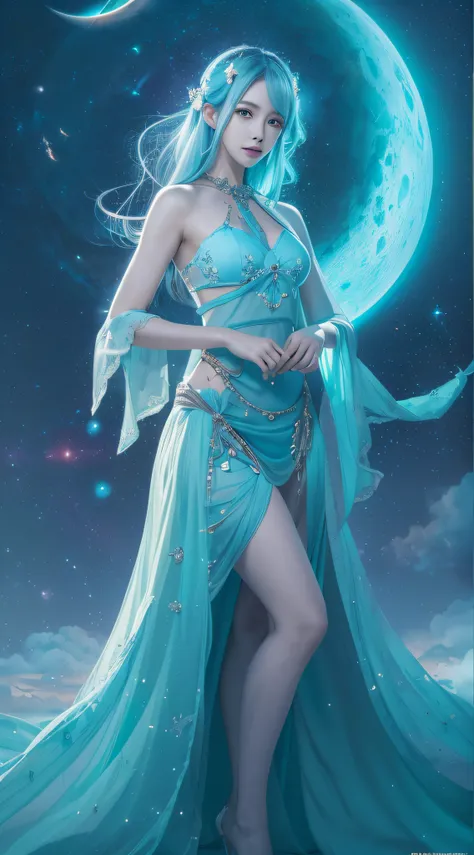 there is a woman in a blue dress posing for a picture, concept art inspired by leng mei, tumblr, fantasy art, lunar themed attir...