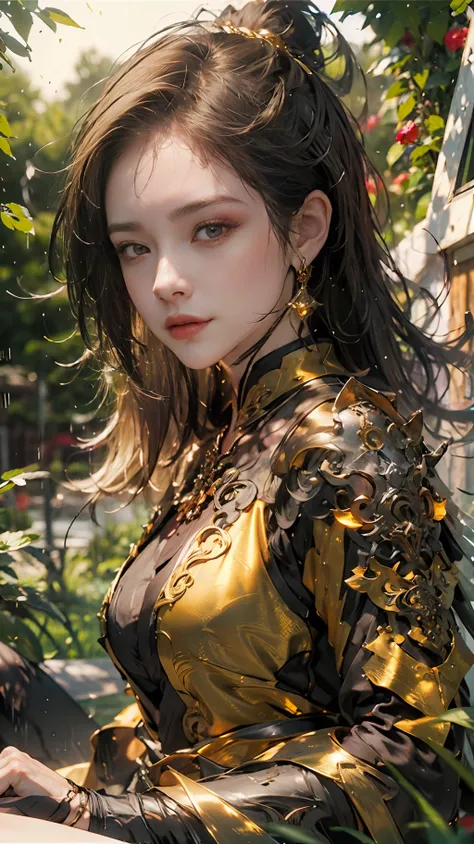 (REALISTIC 3D, FANTASY:1.25, PHOTOSHOOT:1.25, SENSUAL POSES, CLOSE UP), CLOSE UP PORTRAIT of LADY in Heavy RAIN SITTING ON GARDEN WITH LONG SILVER SWORD, depth of field, wearing GOLDEN FULL BODY ARMOUR, long BLONDE hair, PORTRAIT, LOOKING AT VIEWER, Lighti...