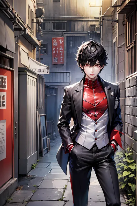 Masterpiece, Best Quality, 1boy, 独奏, male focus, Dshocker, black hair, Short hair, red-eyes, high collar, black coat, gray shirt, long sleeves, pants, red gloves, Ancient ruins, night time, Detailed background