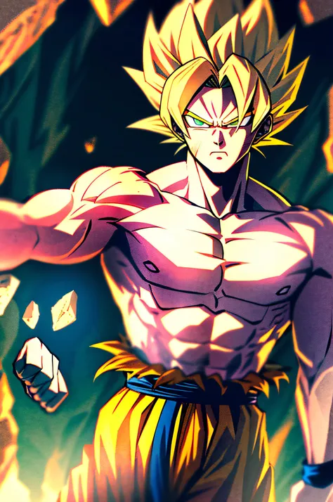 son goku, 1boy, artist name, biceps, blonde hair, blood, blood from mouth, blue sash, blue wristband, clenched hands, closed mou...