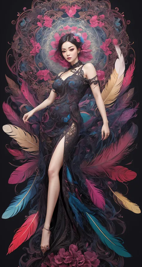 erjie, girl in a fluid and dynamic pose, wearing a loose, flowing pink dress, mysterious expression, curly black and pink hair, [Zhang Ziyi|Aishwarya Rai], in a modern and abstract setting, with bold and colorful abstract art, blurred background, bright li...