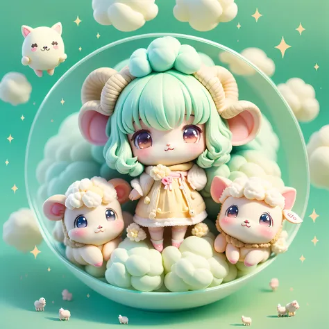 chibi, sheep around, sheep everywhere, flock of sheep, kawaiitech, kawaii, cute, pastel colors, best quality, happy