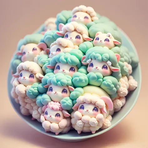 chibi, sheep around, sheep everywhere, flock of sheep, kawaiitech, kawaii, cute, pastel colors, best quality, happy