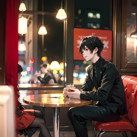 a woman in red goes on a date with a man in black in a café