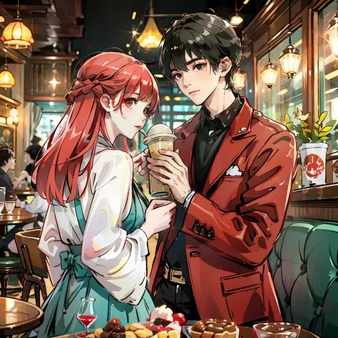 a woman in red goes on a date with a man in black in a café