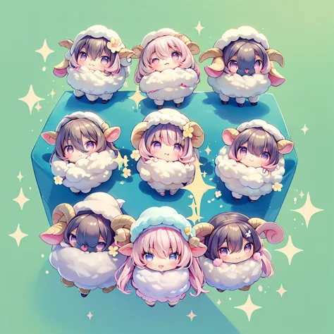 (chibi:1.3), sheep around, sheep everywhere, flock of sheep, kawaiitech, kawaii, cute, pastel colors, best quality, happy