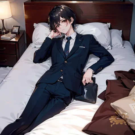 a boy，50yearsold，three and seven points of short black hair，brown eyes，sleeping in the bedroom in a suit、