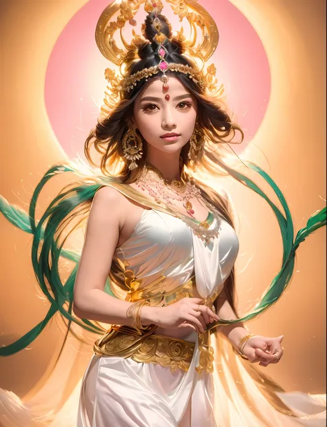 wearing a white dress，arad woman in a golden headdress, the head has an aperture，hold a sword in hand，the whole body is like sit...