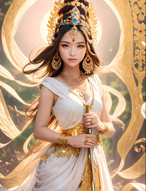 wearing a white dress，arad woman in a golden headdress, the head shines，hold a sword in hand，white skin is delicate，the whole bo...