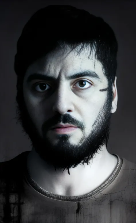 homem arafed com barba e bigode com fundo preto, Aykut Aydogdu, inspirado em Pietro Testa, dramatic portraiture of uuen, a close-up portrait of a demonic monster with black scales that invokes fear, d & d, fantasy scenery, ambiente de terror, morbid co...
