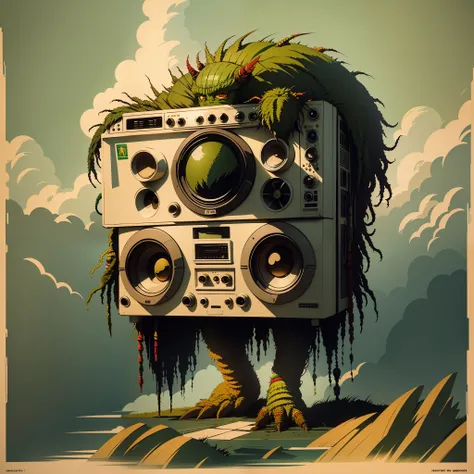 a ((((([rasta monster])))))), ( full body shot) holding a boombox, ghetto blaster, big ghetto blaster, tape deck, lofi hip hop, ...