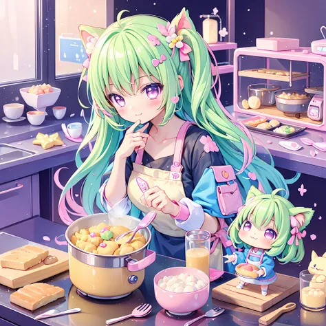(chibi), cooking, kawaiitech, kawaii, cute, pastel colors, best quality, happy