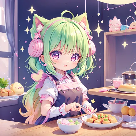 (chibi), cooking, kawaiitech, kawaii, cute, pastel colors, best quality, happy