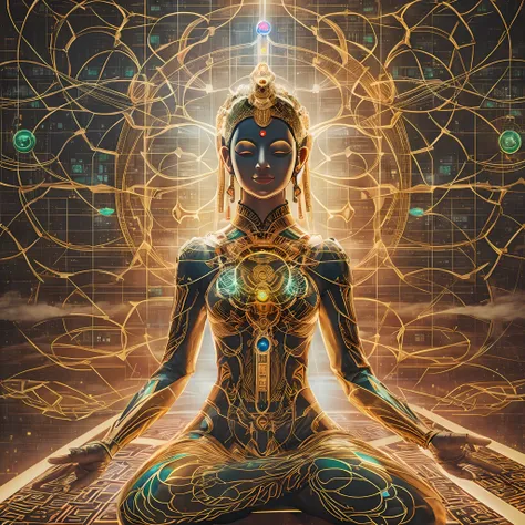 Cybernetic immortal goddess, The pixels illuminate her golden form, The palm holds the code of the Dao. Lotus pose floating in matrix, Energy flows through her circuits. The third eye looks to the future of networks, Go beyond the digital and physical plan...