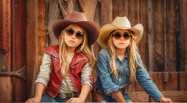 a half-body, portrait of 3 german child girls long blonde hair of 12 years, red leather jackets, sunglasses, a horse and exudes ...