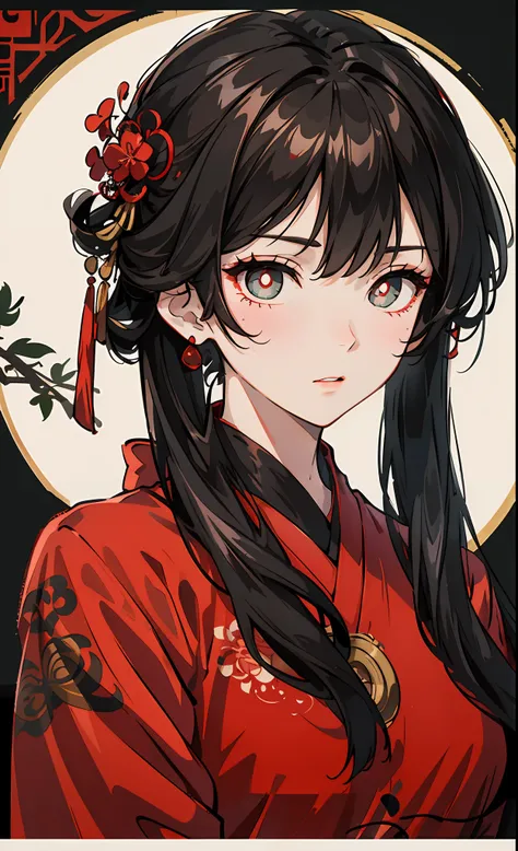 mature girl, black hair, floating hair, delicate eyes, red pupils, heroine, black and red antique damask hanfu, fov, f1.8, maste...