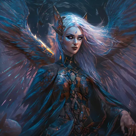 (((fullbody))) behold the crimson- blue safiro wings woman angel woman with white hair, full body, piercing crimson eyes, and pa...