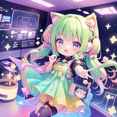 (chibi), idol, singing on the scene in the space, kawaiitech, kawaii, cute, pastel colors, best quality, happy, scifi, deep background