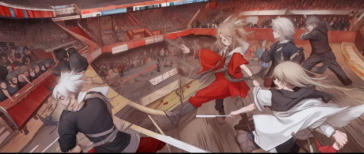 Arte em estilo preto e branco de uma arena de luta clandestina. It is a rectangular shaped arena, como se fosse um ringue de luta livre. E em volta dessa arena, to several people cheering and shouting.